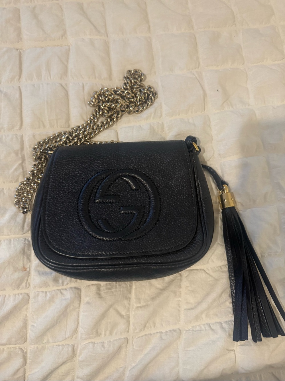 Gucci Black Soho Pebbled Leather Crossbody with Tassel and Chain